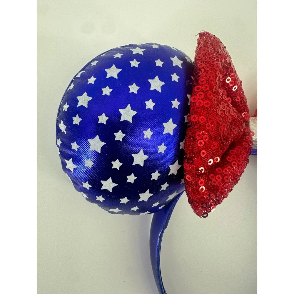Disney Minnie Mouse Americana Star Ears Red Sequin Bow Headband Patriotic Blue
